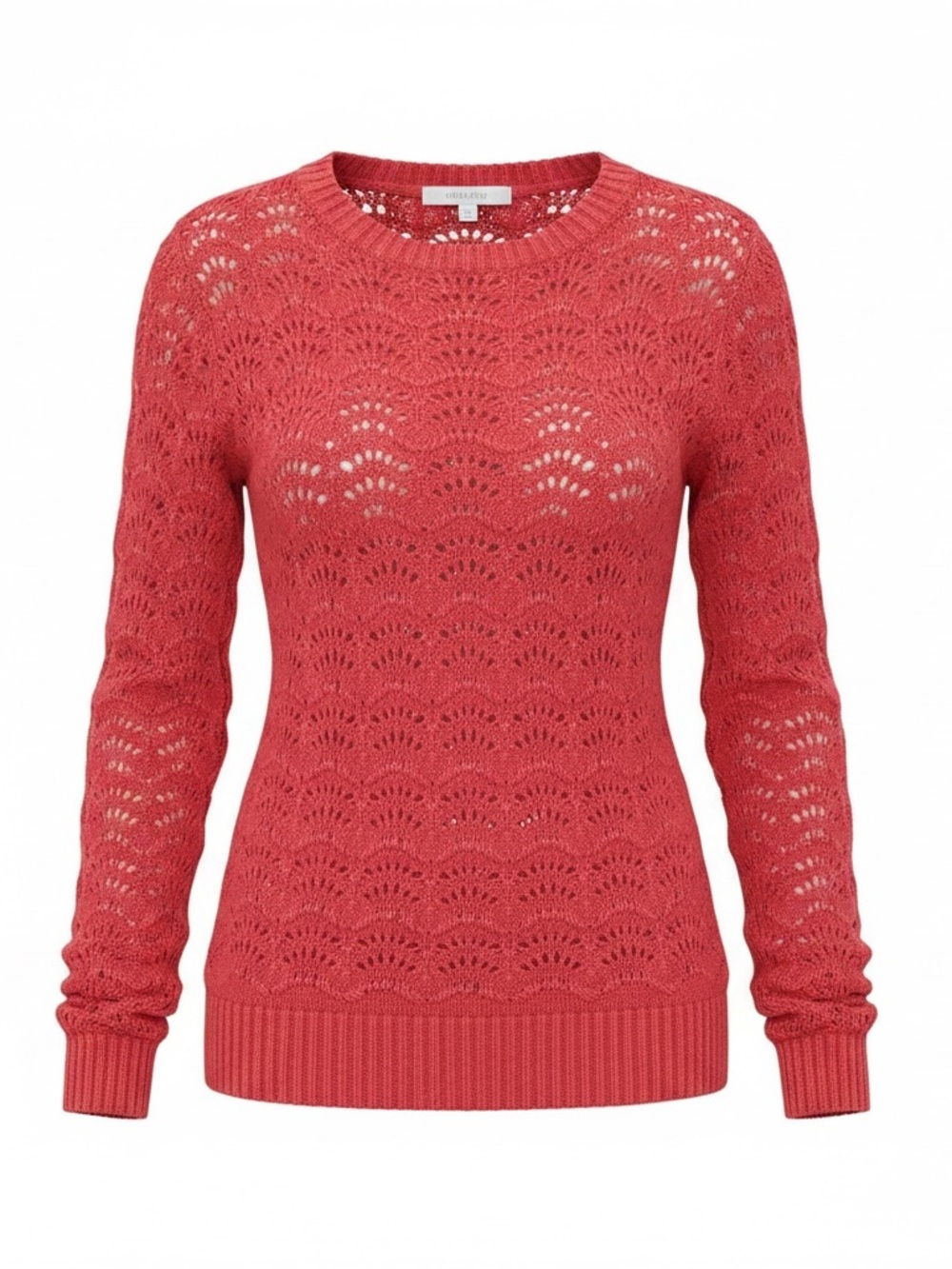 Chico's Coral Red‎ Open Knit Crochet Pullover Sweater Size 1 M Medium Round Neck